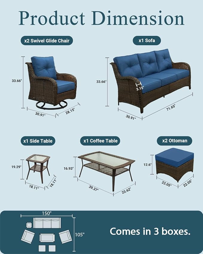 Patio Furniture Set, High Back Rattan Sofa & Swivel Rocker Chairs, Weather - Image 6