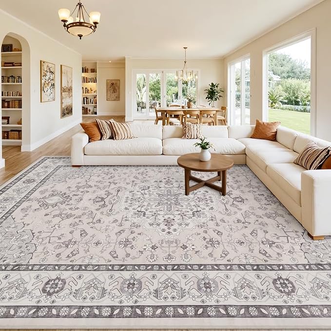 10x14 Area Rugs Living Room: Bedroom Washable Carpet Beige & Grey | Large by Luxturiy