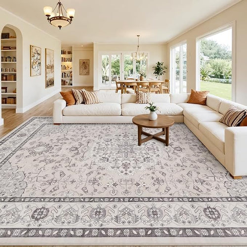 10x14 Area Rugs Living Room: Bedroom Washable Carpet Beige & Grey | Large by Luxturiy
