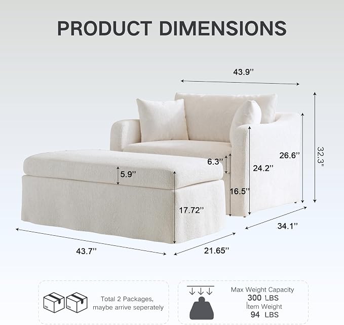 Oversized Armchair with Ottoman, 43.9" W Chenille Accent Chaise Lounge Sofa - Image 2