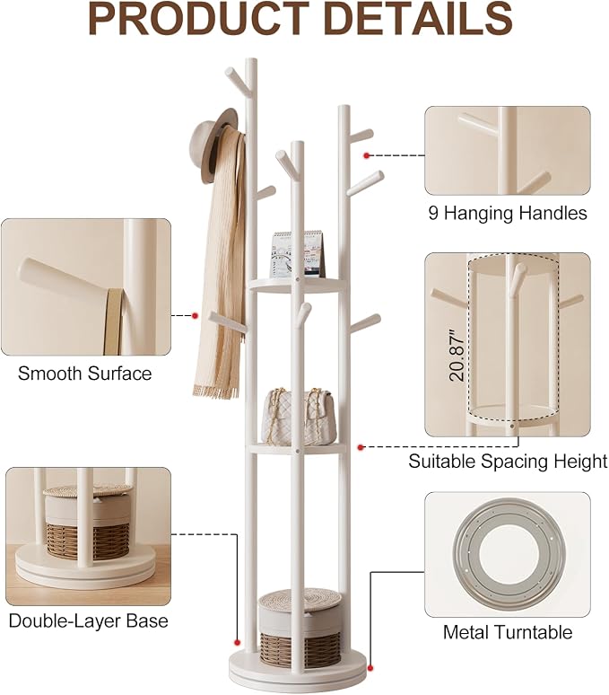 Muwuele Solid Wood Rotary Coat Rack, Freestanding Coat Rack - Image 5