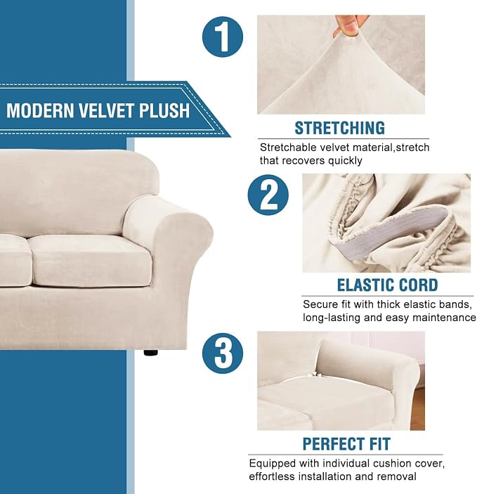 H.VERSAILTEX High Stretch Sofa Slipcover 4 Piece Cover Velvet Furniture - Image 3