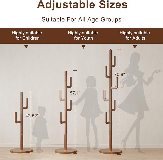 Muwuele Solid Wood Cactus Coat Rack, Freestanding Coat Rack - Image 3