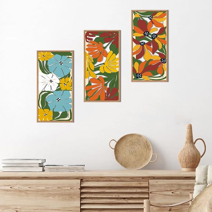 IARTTOP Boho Floral Wood Wall Art Framed 8x16 Inch Set of 3 Minimalist - Image 2