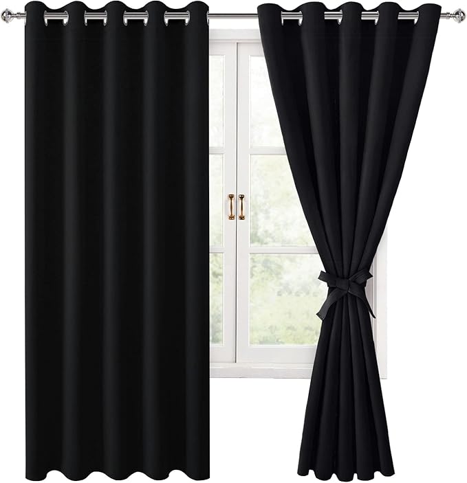 Blackout Curtains for Bedroom, 60 x 63 Inches Length Black 2 Panels | Thermal by Hiasan