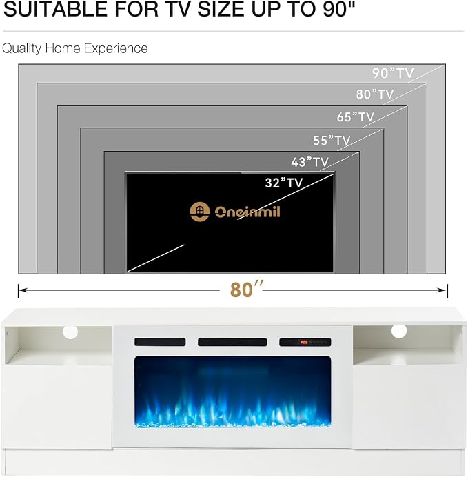 oneinmil 80” TV Stand with 36” Electric Fireplace, Large Modern Media - Image 6