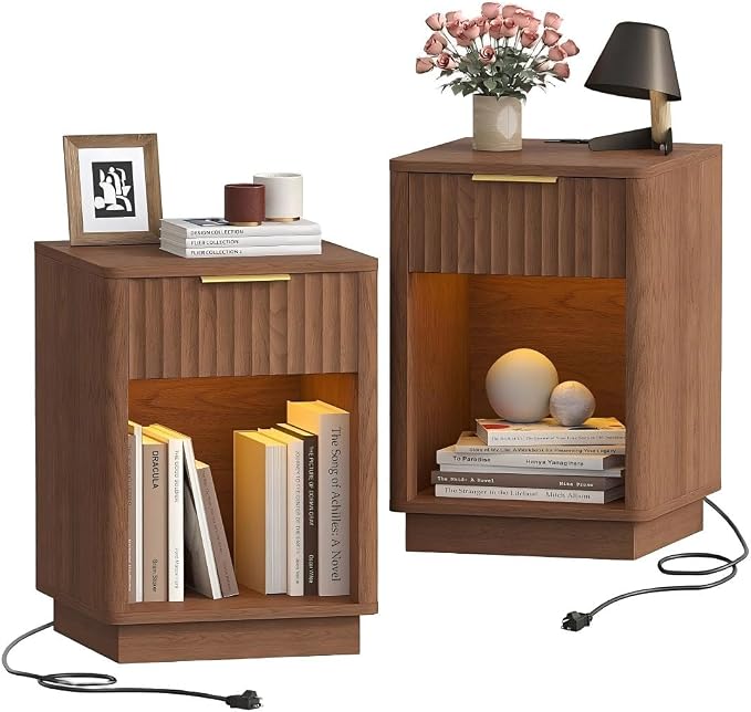 Akxomel Fluted Nightstands Set of 2, Wooden Night Stand by Akxomel