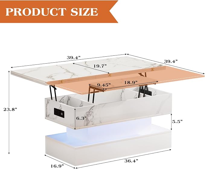 SYESWAY 39.4” Modern High Gloss Marble Lift Top Coffee Table - Image 2