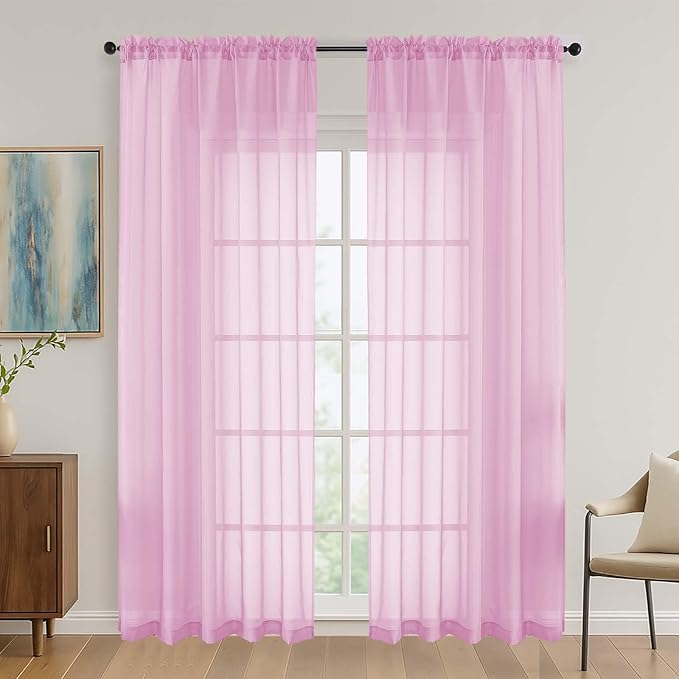 Light Pink Sheer Curtains 84 Inches Long 2 Panels Set, Light Filtering Sheer by OVZME