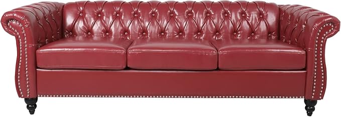 Mid-Century 3 Seater Sofa, Faux Leather Couch - Image 7