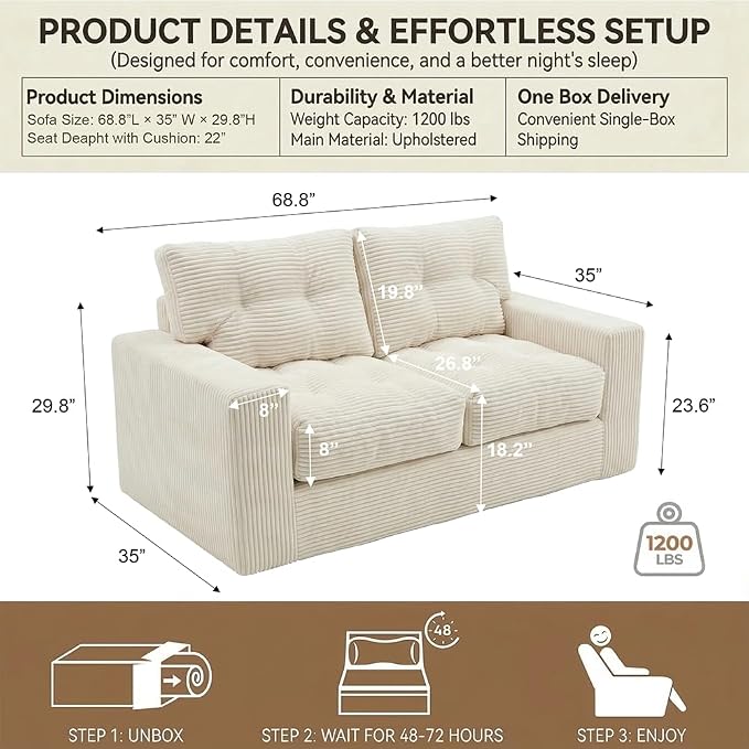 69" Corduroy Loveseat Sofa in a Box, High-Density Foam Couch, No Assembly - Image 2