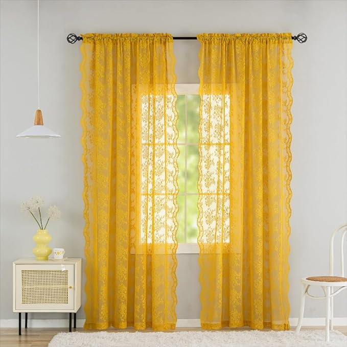 YJ YANJUN Vintage Lace Curtains 96 Inches Long-Victorian Floral Mustard Yellow by YJYANJUN