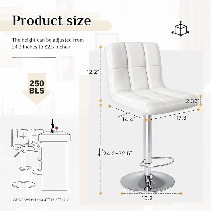 DUMOS Bar Stools Set of 2, 24 inch Counter Height Bar Stools, Upholstered - Image 2