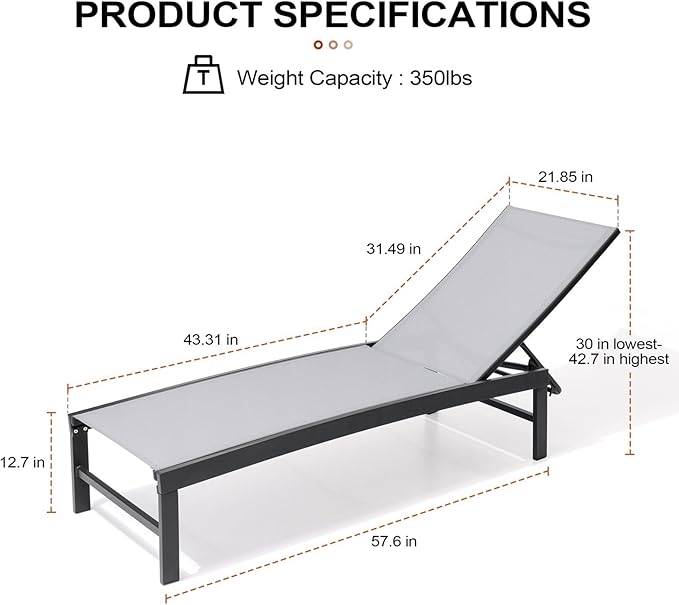 Crestlive Products Chaise Lounge Chair Outdoor Set of 2, Adjustable 5 Positions - Image 2