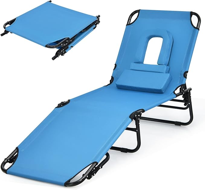 Folding Beach Lounge Chair w/ 5 Adjutable Backrest & Padded Pillow, Sunbathing by Unknown