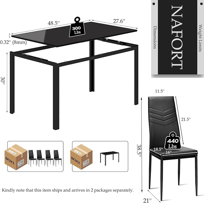 NAFORT Dining Table Set for 4, 48.5" Rectangle Tempered Glass Kitchen Room Table - Image 7