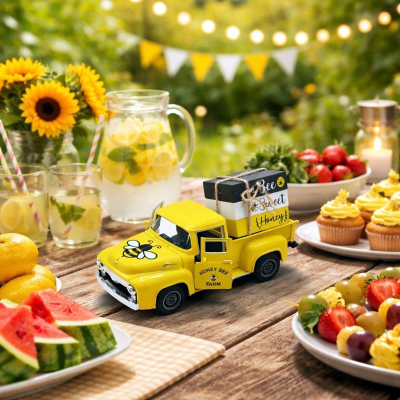 5.7in Bee Truck Decor with Sweet Honey Blocks, Yellow Metal Pickup - Image 6