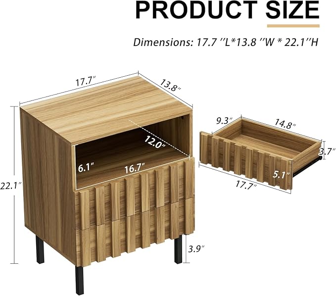 UEV Mid Century Modern Fluted Nightstand Set of 2, 2 Drawers End Table - Image 3