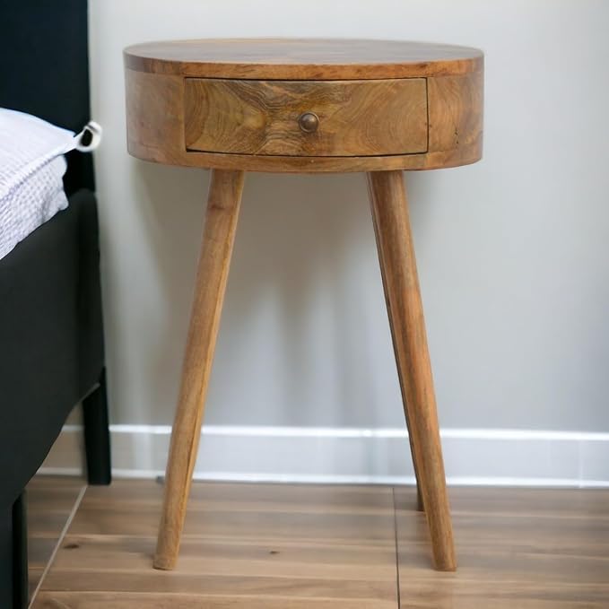 Nordic Inspired Circular Bedside Table 1 Drawer Oak Wood by Unknown