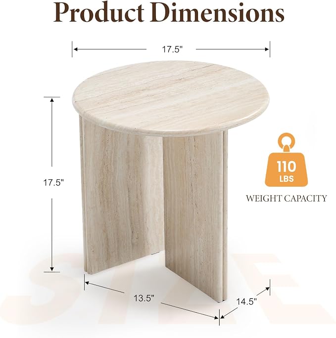 HNY Small Round Side Table Marble Veneer Wood Bedside Table 18" Modern End - Image 2