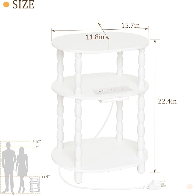 MaxSmeo White Side Table with Charging Station, 3-Tier Small Oval End Table - Image 3