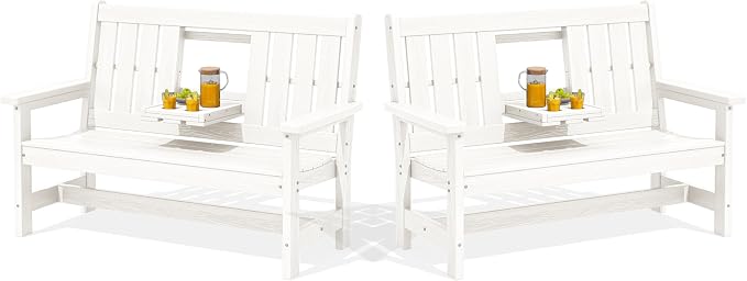 SERWALL Outdoor Bench with Cup Holder, Oversized 58" HDPE Porch Bench Suitable by SERWALL