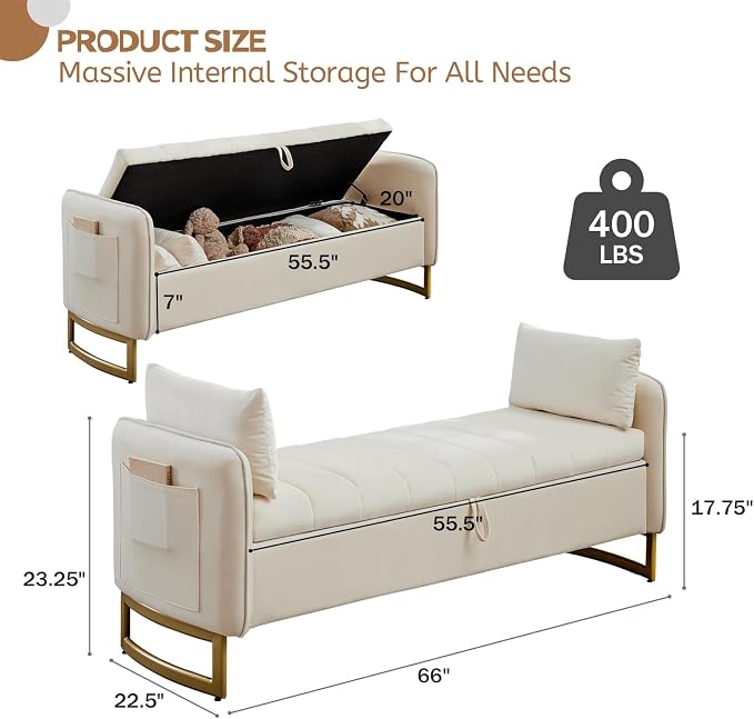 66" End of Bed Storage Bench King Size, Velvet Storage Benches - Image 2