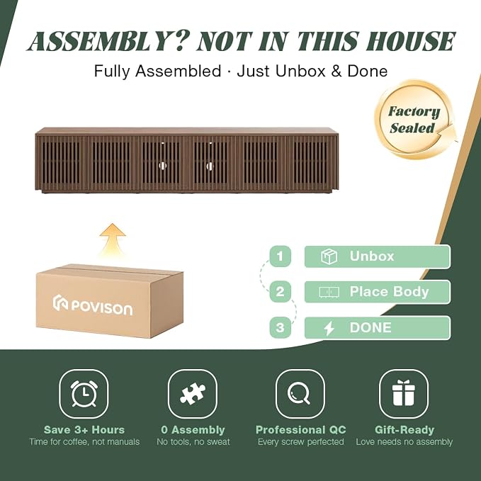 POVISON Full Assembled Mid Century Modern TV Stand, Wood Slatted Media Console - Image 4