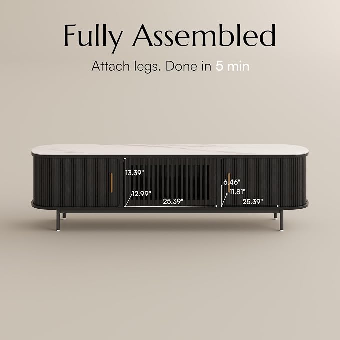 POVISON Fully-Assembled Sliding Tambour Door TV Stand, Mid Century Modern - Image 2