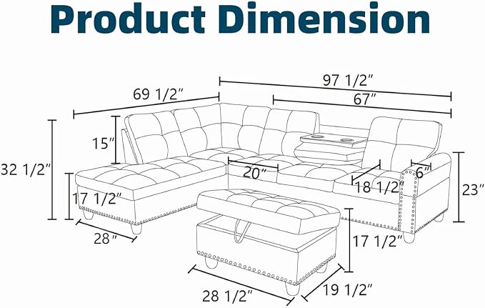97.5" L Shaped Couch Set Leather, Modular Sectional Couches - Image 2