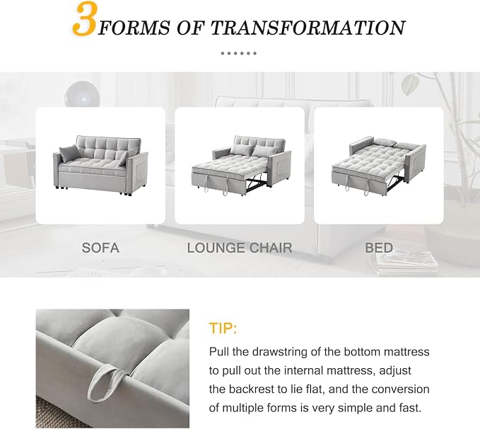 3-in-1 Loveseat Sleeper Sofa, Modern 55.5" Pull Out Couch, Velvet Upholstered - Image 7
