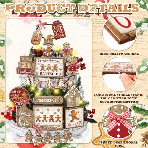 Shellwei 24 Pcs Christmas Tiered Tray Decor, Gingerbread Wooden Table Sign - Image 4