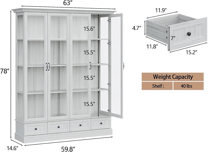 78" Large Storage Cabinet with Glass Doors, China Hutch, Farmhouse Kitchen - Image 2