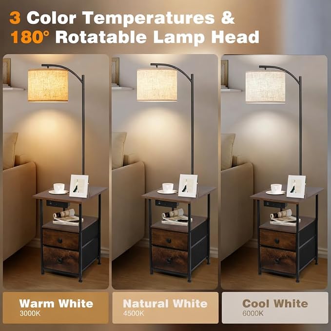 PESRAE Floor Lamp with Table & 2 Drawers, End Table with 3 Color Temperature - Image 4