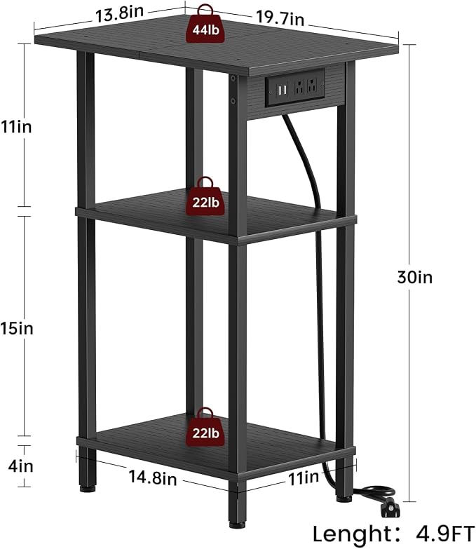 Asgolion Tall End Table with Charging Station, Skinny Nightstand with USB Ports - Image 3