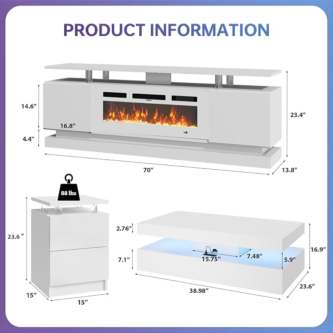 4-Piece Modern Living Room Table Set, Includes High Gloss 70" Fireplace TV Stand - Image 4