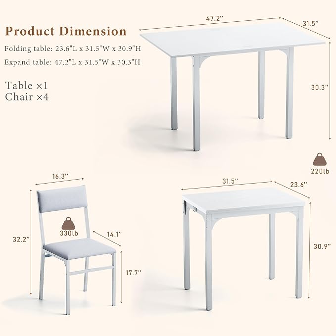 HUAHUU Dining Table Set for 4, Extendable Kitchen Table Cushion Chairs Set of 4 - Image 5