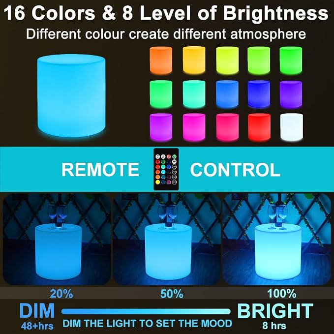 16-inch LED Cylinder Stool, Rechargeable Glowing Chair w/Remote, Dimmable 16 - Image 2