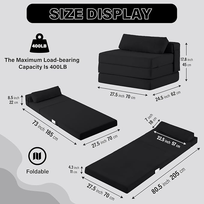 Tiita Folding Sofa Bed Chair, 4-Fold Convertible Sleeper Chair - Image 2