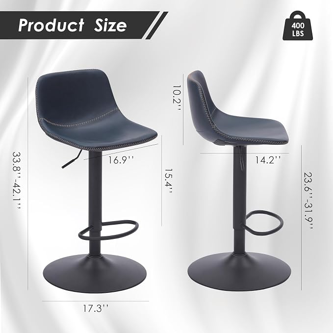 Adjustable Bar Stools Set of 2, Mid Century Modern Swivel Bar Stools, - Image 2