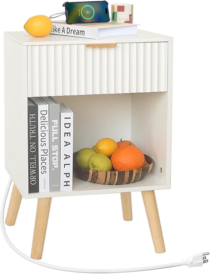 Fultyle White Nightstand with Charging Station, Mid Century Modern Bedside by Fultyle