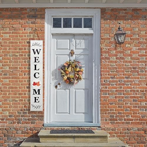 Perfnique Interchangeable Welcome sign for front porch standing, 47 x 7.9 Inch Black Wooden Leaner Sign with 10 Interchangeable Designed Icons, Modern Farmhouse Rustic Seasonal Decor for Spring Easter Fall Christmas (White) - Image 2