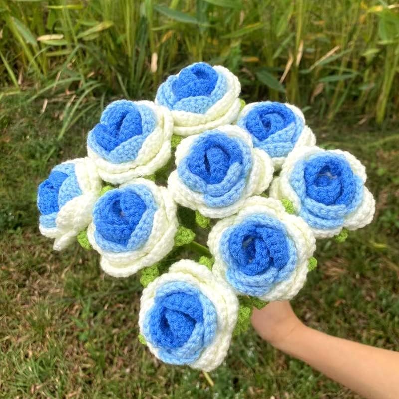 JOONOR 8 Pcs Hand-Woven Roses, Crochet Rose Flower Bouquet, Blue - Image 2