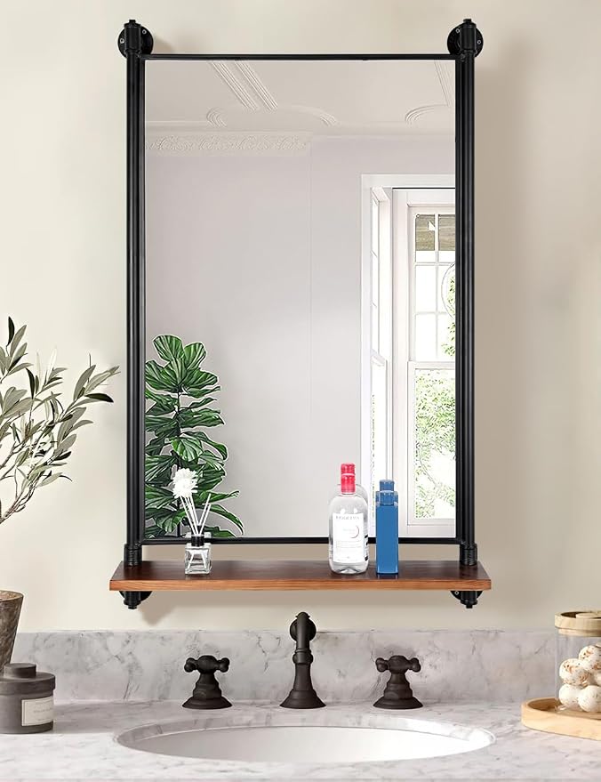 Industrial Pipe Mirror Wood Shelves, Bedroom Mirror by OLDRAINBOW