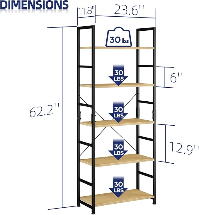 NUMENN 5 Tier Bookshelf, Tall Bookcase Shelf Storage Organizer, Modern Book - Image 3