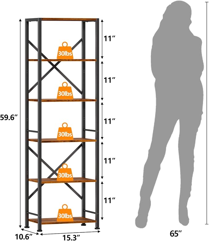 Furologee 6 Tier Tall Bookshelf, Industrial Narrow Bookcase, Display Standing - Image 3