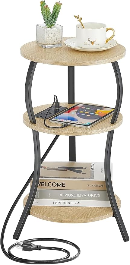 Small Round Side Table with Charging Station, 3-Tier Waist Circular End Table by YEAKOO