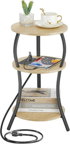 Small Round Side Table with Charging Station, 3-Tier Waist Circular End Table by YEAKOO