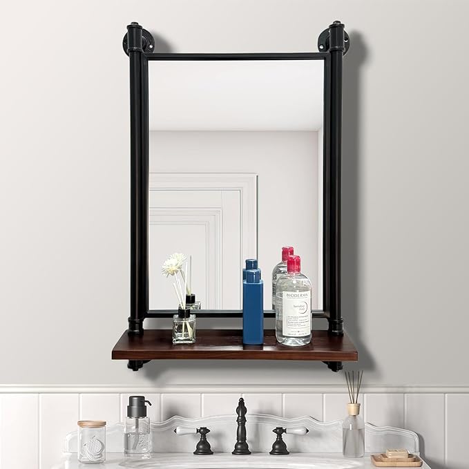 Industrial Pipe Mirror Wood Shelves, Bedroom Mirror by OLDRAINBOW