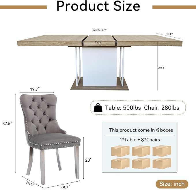 Henf 63"-79" Dining Table Set for 8, 9 Pieces Extendable Dining Table and 8 - Image 7